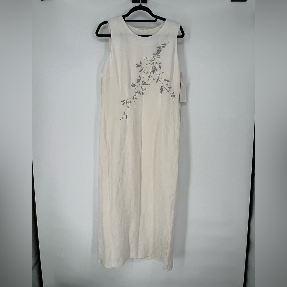 JESSICA HOWARD PETITE LONG IVORY LINEN BLEND DRESS, CONCEALED BACK ZIPPER